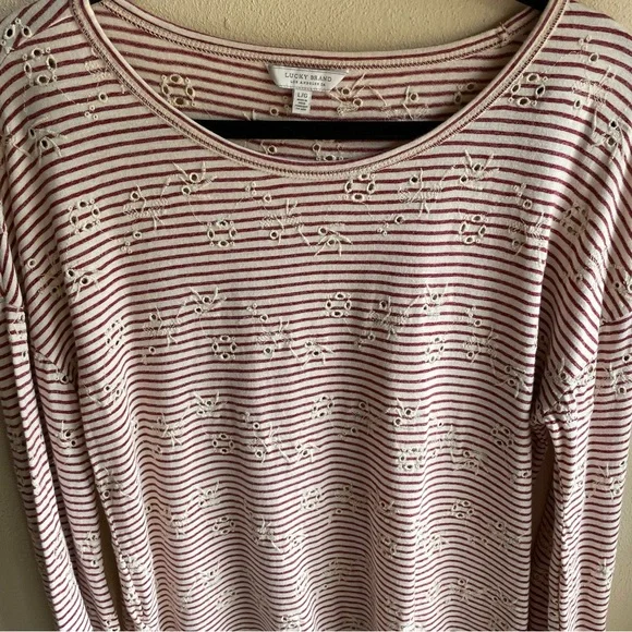 Lucky Brand Striped Red and White Cuffed Sleeve Tunic/ top. Eyelet Pattern. L - Picture 10 of 13